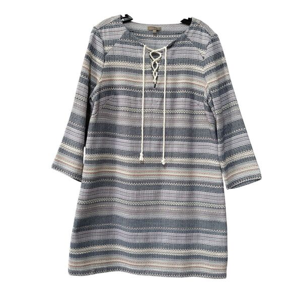 Lilla P Tweed Striped 3/4 Sleeve Shift Dress Lace-up Detail Size L - Picture 2 of 10